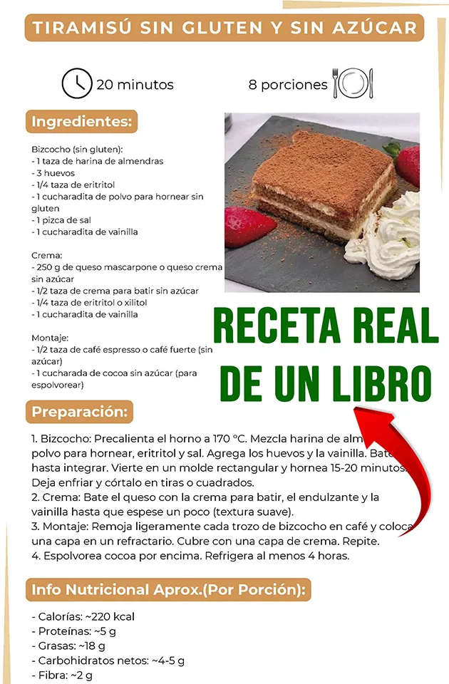 Ejemplo real de receta de tiramisú sin azúcar con tabla nutricional